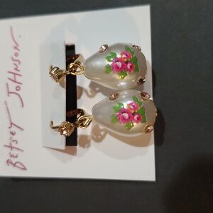 Betsey Johnson citrine‎ gemstone look green pink floral pearl dangling earrings
